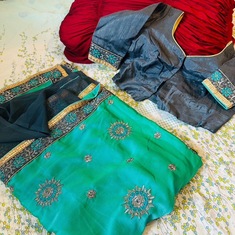 Elegant Teal and Gray Embroidered Fabric